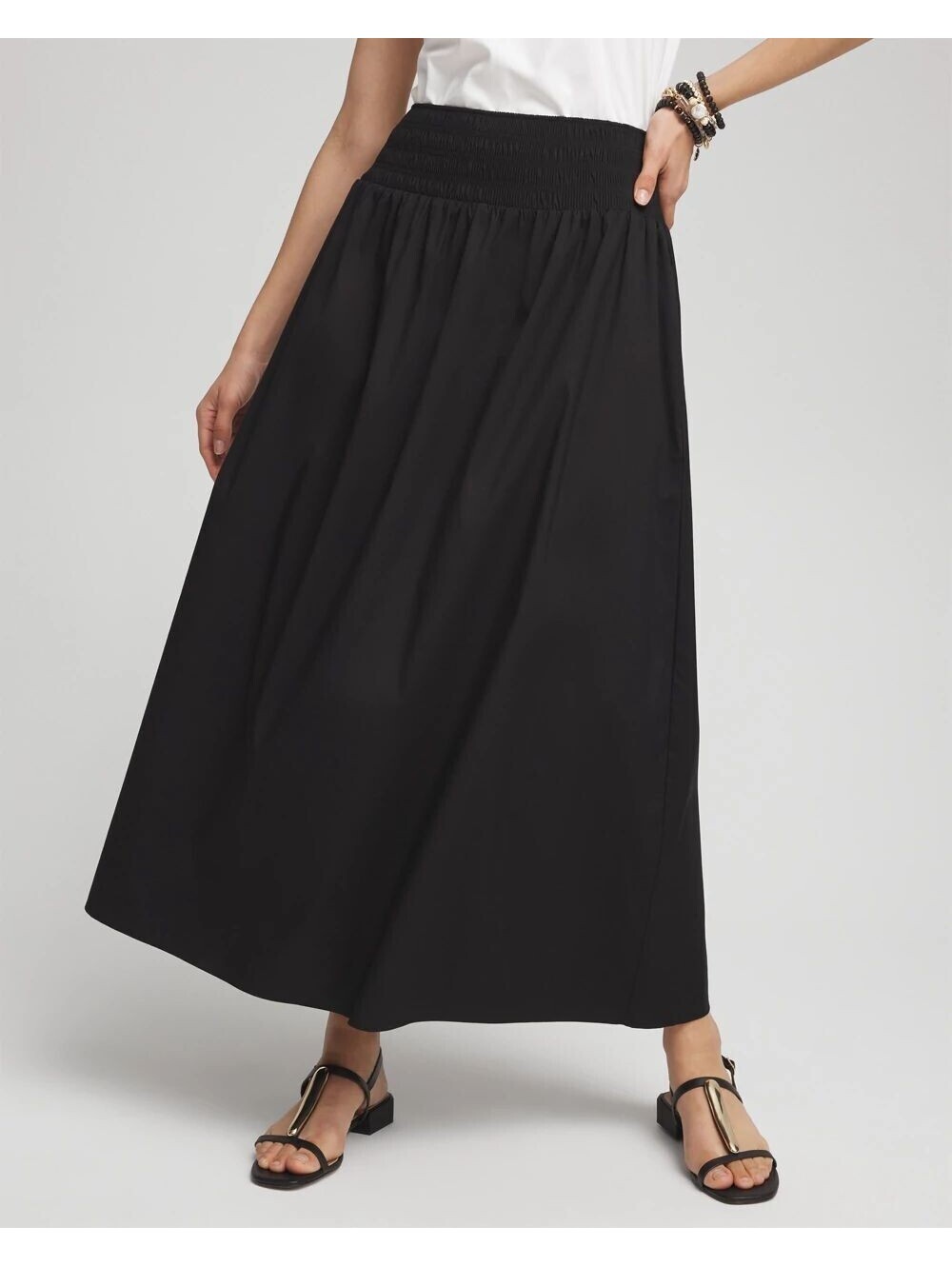 Chicos Size 0 Black Poplin Smocked Band Skirt Pockets Minimalist Preppy